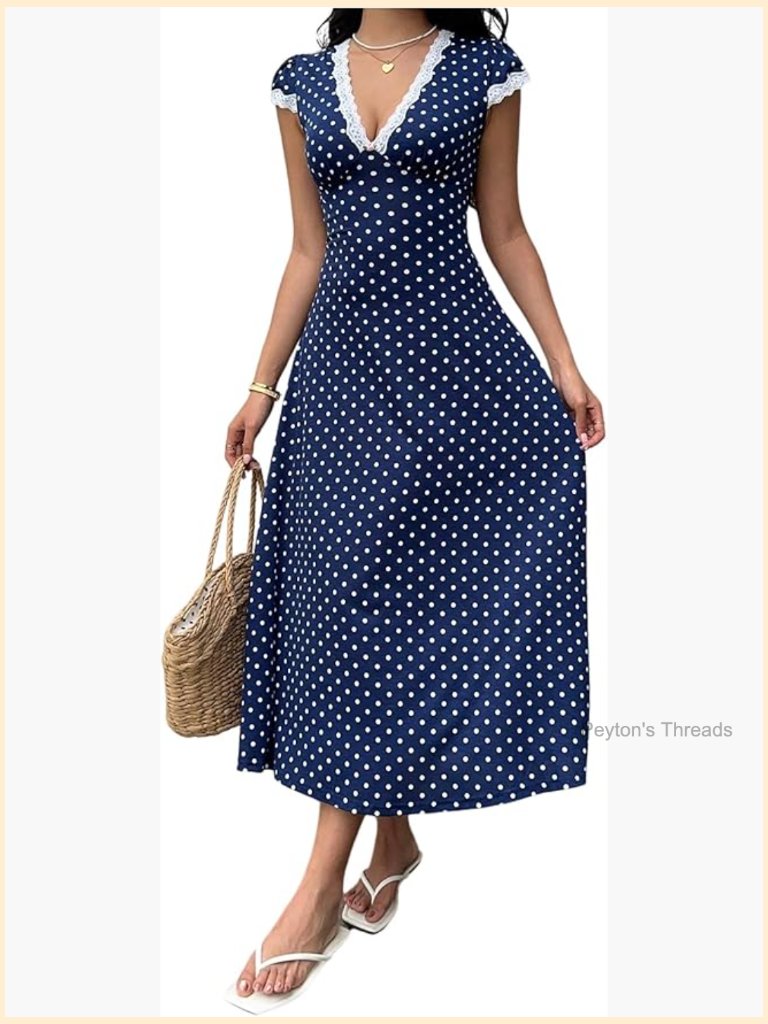 Polka Dots Lace Trim Deep V Neck Cap Sleeve Flared Midi Dress